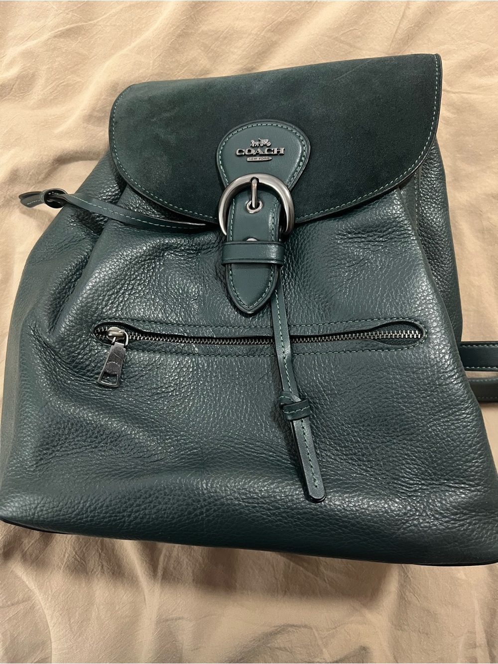 Coach Dark Green Pebbled Leather Backpack with Suede Flap